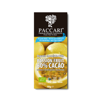PACCARI Bio Schokolade Maracuja, 60% Kakao – zuckerfrei, 50g