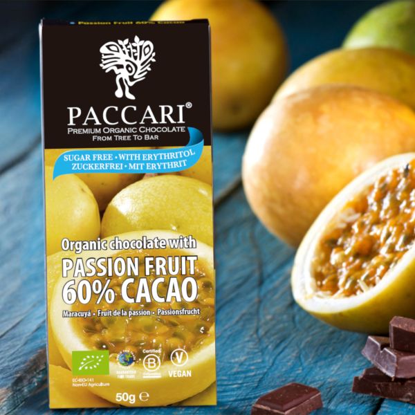 PACCARI Bio Schokolade Maracuja, 60% Kakao – zuckerfrei, 50g