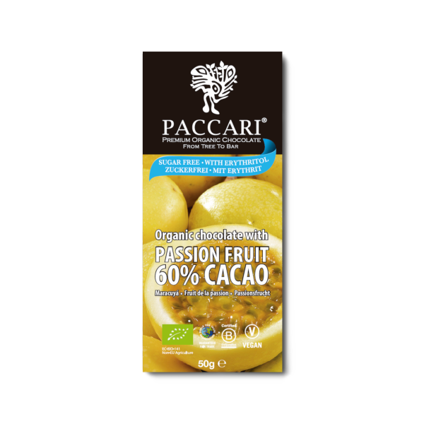 PACCARI Bio Schokolade Maracuja, 60% Kakao – zuckerfrei, 50g