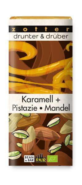 Zotter drunter & drüber, Karamell + Pistazie mit Mandel, 70g